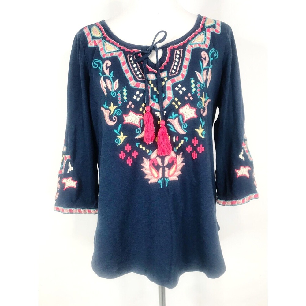 Soft Surroundings Top Womens Medium Blue Red Floral Embroidered Tasseled Boho